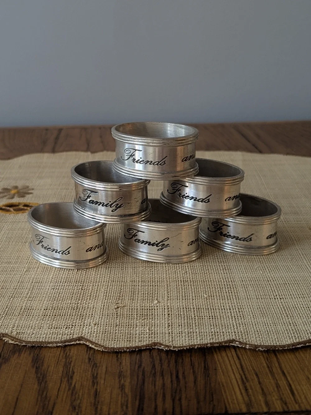 Pottery Barn Friends and Family Antiqued Silver Tone Oval Napkin Rings Set of 6